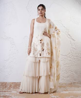 Ivory and gold printed crepe sharara set 1