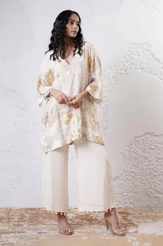 Ivory and gold printed crepe kurta set
