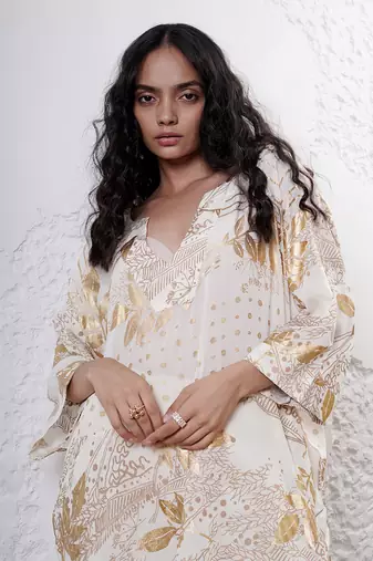 Ivory and gold printed crepe kurta set