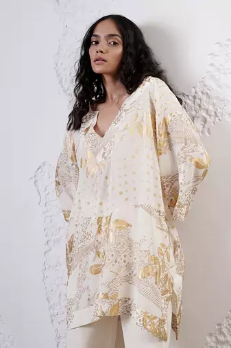 Ivory and gold printed crepe kurta set