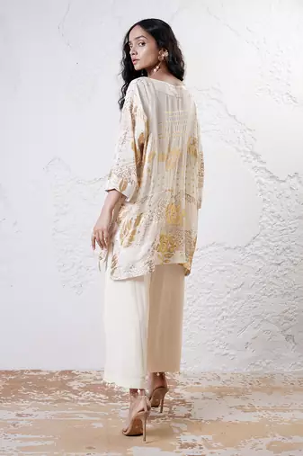 Ivory and gold printed crepe kurta set