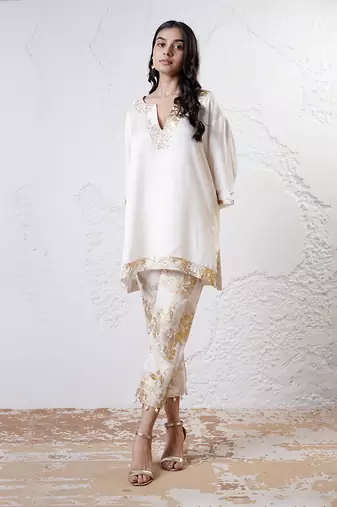 Ivory and gold printed crepe kurta set
