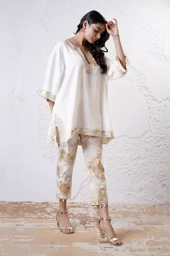 Ivory and gold printed crepe kurta set