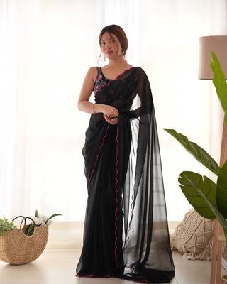 Black solid plain georgette saree with graceful embroidered blouse 1