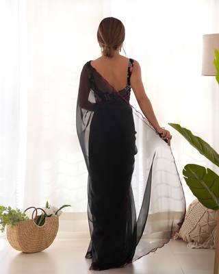 Black solid plain georgette saree with graceful embroidered blouse 2