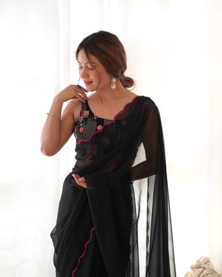 Black solid plain georgette saree with graceful embroidered blouse 3