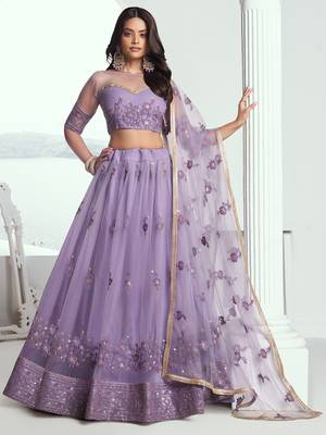 lavender net threadwork and sequin lehenga set choli with dupatta 1