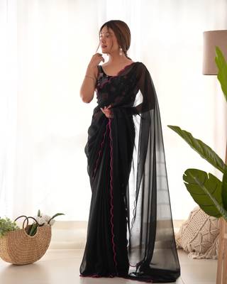 Black solid plain georgette saree with graceful embroidered blouse 4