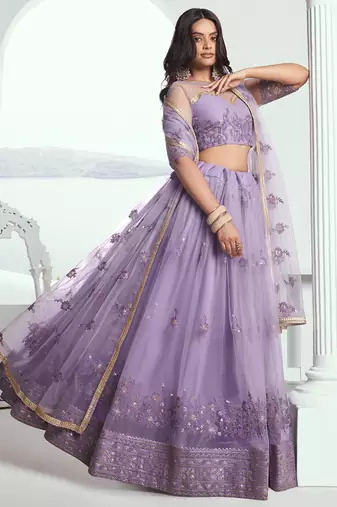 lavender net threadwork and sequin lehenga set choli with dupatta
