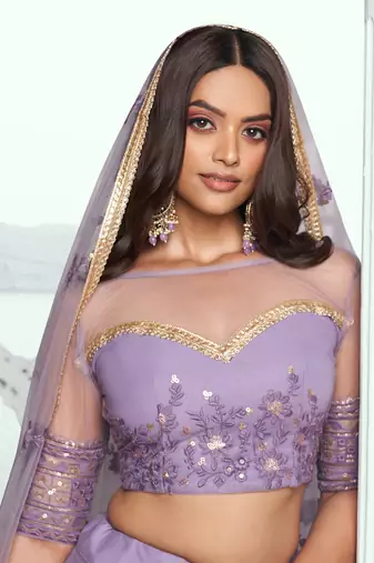 lavender net threadwork and sequin lehenga set choli with dupatta