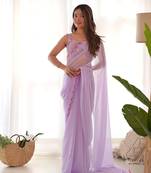 Lavender solid plain georgette saree with graceful embroidered blouse