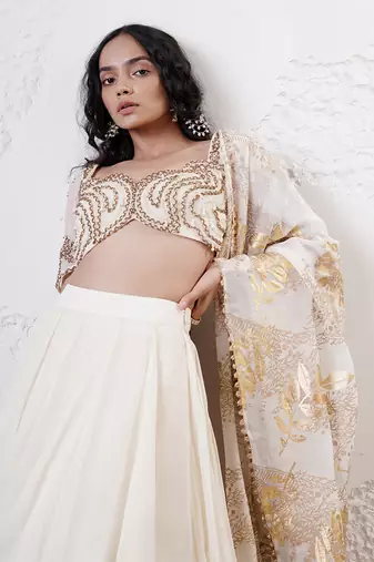 IVORY And GOLD Organza EMBROIDERED Lehenga Set