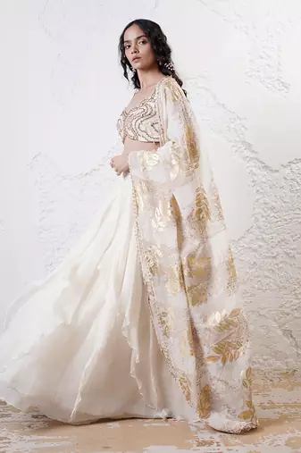 IVORY And GOLD Organza EMBROIDERED Lehenga Set