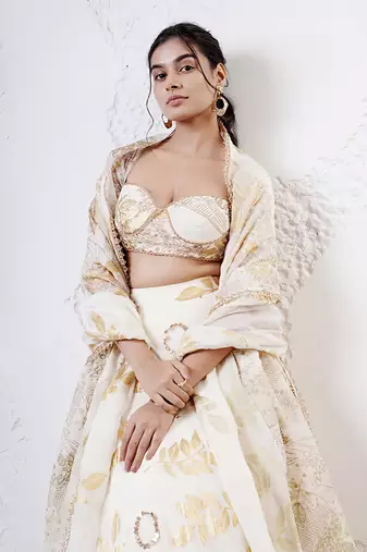 IVORY And GOLD Organza EMBROIDERED Lehenga Set