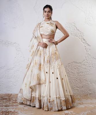 IVORY And GOLD Organza EMBROIDERED Lehenga Set 1