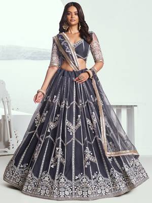 slate grey embroidered net lehenga set choli with dupatta 1