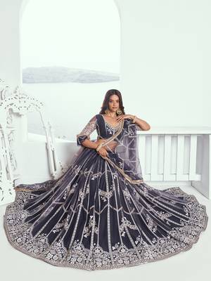 slate grey embroidered net lehenga set choli with dupatta 2