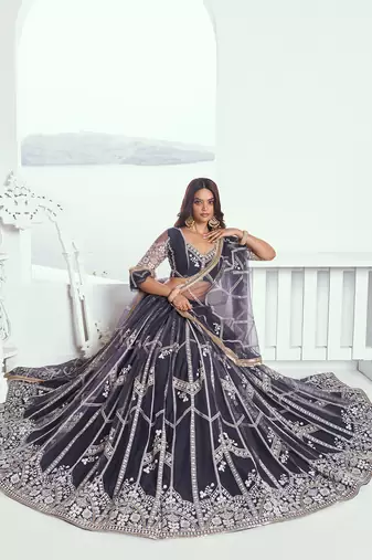 slate grey embroidered net lehenga set choli with dupatta