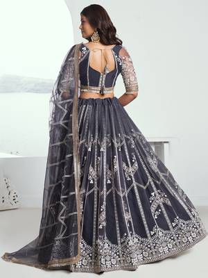 slate grey embroidered net lehenga set choli with dupatta 3