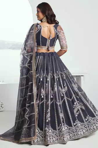 slate grey embroidered net lehenga set choli with dupatta