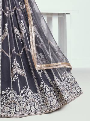 slate grey embroidered net lehenga set choli with dupatta 6