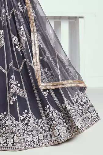 slate grey embroidered net lehenga set choli with dupatta