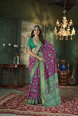 Purple tussar silk woven designer with ikkat printed traditional saree 1