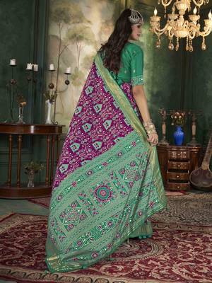 Purple tussar silk woven designer with ikkat printed traditional saree 2