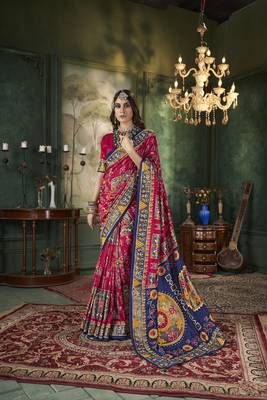 Lipstick red tussar silk Woven designer with ikkat printed traditional saree 1