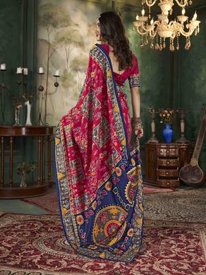 Lipstick red tussar silk Woven designer with ikkat printed traditional saree 2