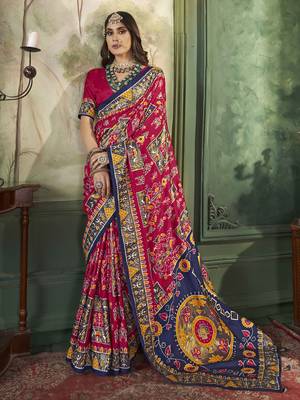 Lipstick red tussar silk Woven designer with ikkat printed traditional saree 4
