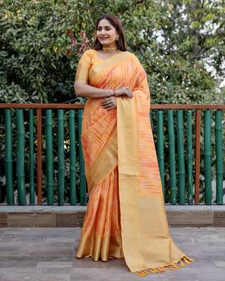 Orange dola silk blend Woven pallu border saree with digital print 1