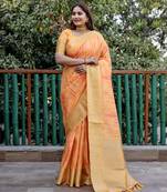 Orange dola silk Woven pallu border saree with digital print