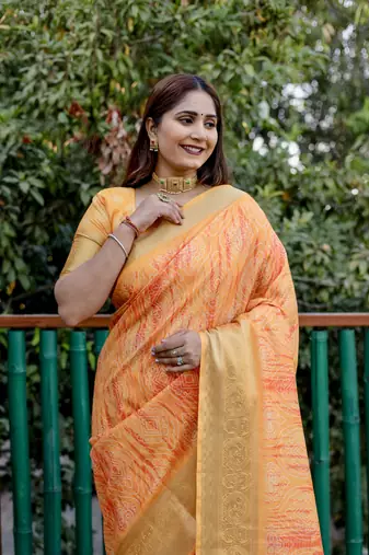Orange dola silk blend Woven pallu border saree with digital print