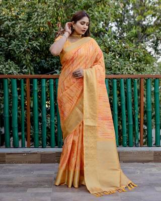 Orange dola silk blend Woven pallu border saree with digital print 3