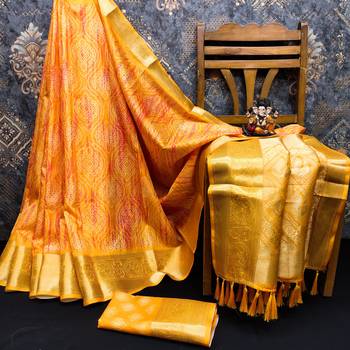 Orange dola silk blend Woven pallu border saree with digital print 4