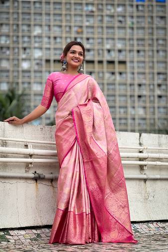 Pink tissue silk weaving jari designer traditional saree