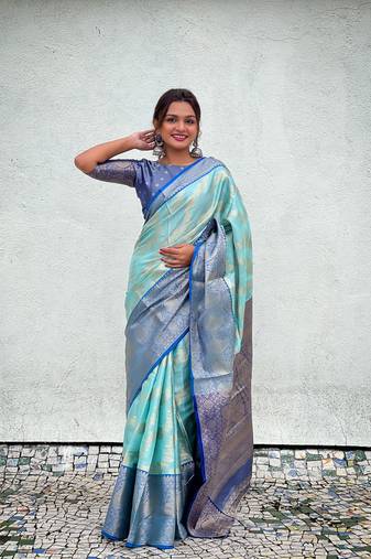 Sky blue tissue silk weaving jari designer traditional saree