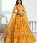 endearing yellow color embroidered soft net lehenga set choli with dupatta