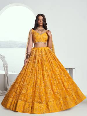 endearing yellow color embroidered soft net lehenga set choli with dupatta 2