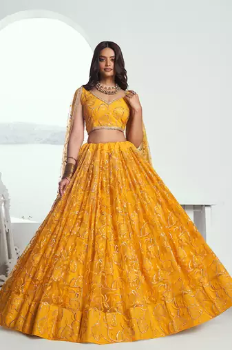 endearing yellow color embroidered soft net lehenga set choli with dupatta