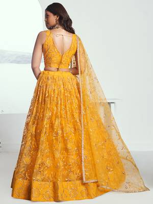 endearing yellow color embroidered soft net lehenga set choli with dupatta 3