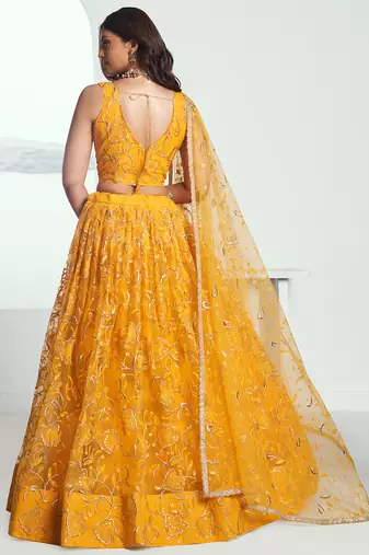 endearing yellow color embroidered soft net lehenga set choli with dupatta