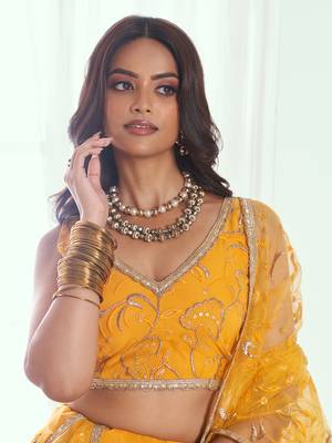 endearing yellow color embroidered soft net lehenga set choli with dupatta 5
