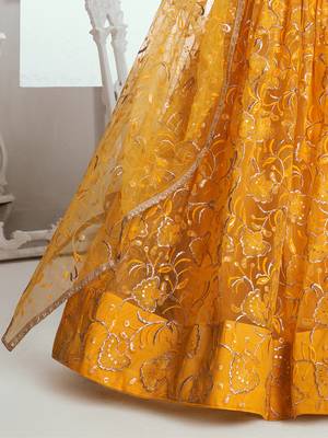 endearing yellow color embroidered soft net lehenga set choli with dupatta 6