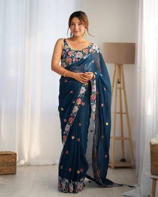 Teal georgette c girlie embroidered sequins work saree 1