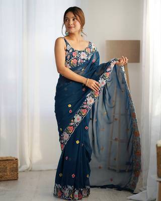 Teal georgette c girlie embroidered sequins work saree 2