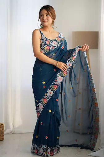 Teal georgette c girlie embroidered sequins work saree
