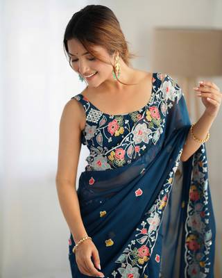 Teal georgette c girlie embroidered sequins work saree 3