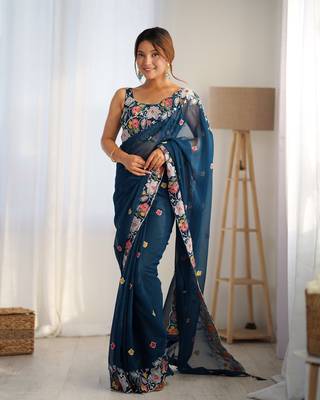 Teal georgette c girlie embroidered sequins work saree 4